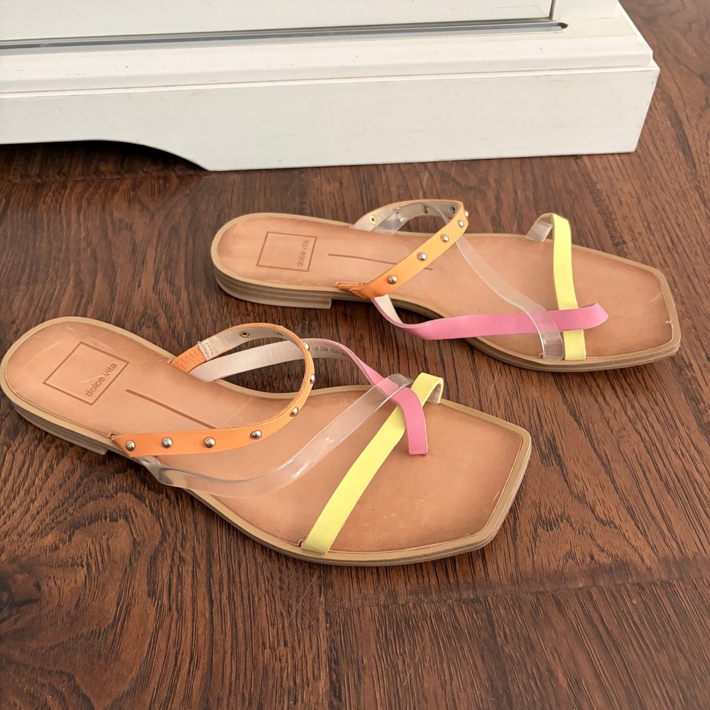 Dolce Vita Flat Sandals Size 8.5 Multi Color Studded Clear Strappy Square Toe
